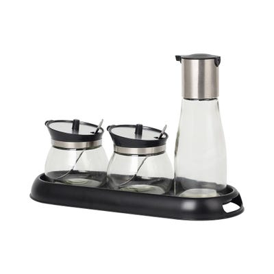  Adrian 4-Piece Glass Spice Jar Set With Holder Black 320ml,2x250ml- 31 X 12 X 13HCM 