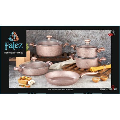 Falez 9-Piece Premium Granite Cookware Set Pink 4.5MM 
