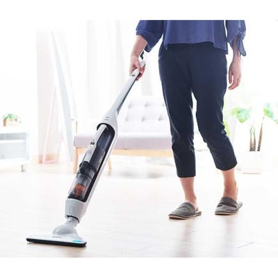 Hitachi Cordless Stick Vacuum Cleaner | 45 Minutes Run Time | Light Weight | 18V Lithium Ion Battery | 2 in 1 Design | Good for Hard Floor & Rug | Dry Mop Head | Crevice Nozzle | Charging Station | PVX90K240PWH