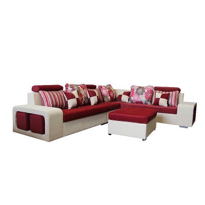 6 seater Corner Sofa Set with Table and Pillows-Red/White