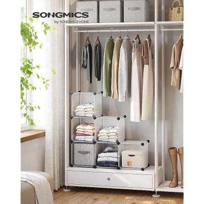SONGMICS 6 Cube Storage Organiser, DIY Closet Shelf, Plastic Clothes Organizer, Modular Bookcase, High Load Capacity, with Rubber Mallet, White ULPC06W